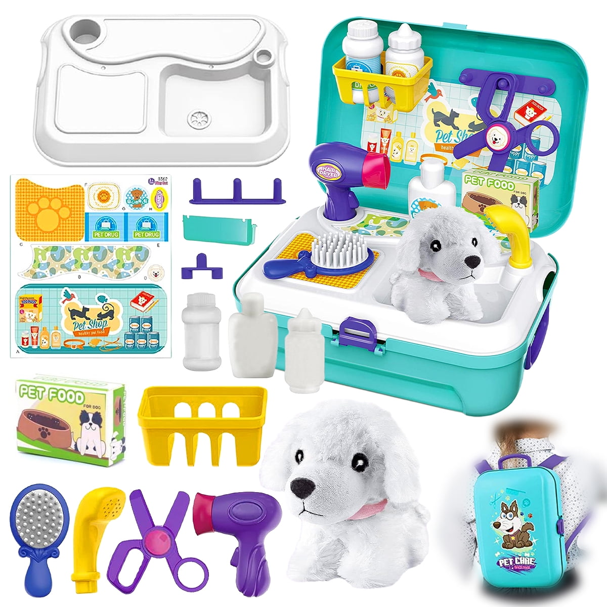 Rirool Puppy Dog Carrier Backpack - Pet Care Play Set with Doctor Kit - 16 Pcs Pretend Vet Grooming Toys - Gifts for Kids 3-7 Years Old