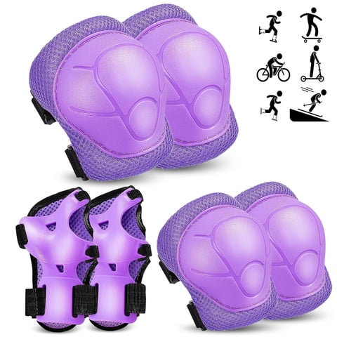Rirool Purple Kids Knee Pads and Elbow Pads Set with Wrist Guards, 6-Piece Adjustable Protective Gear for Ages 3-10, Skateboarding, Roller Skating, Cycling, Scooter and Inline Skating