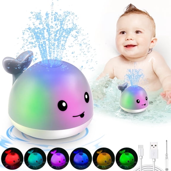 Rirool Rechargeable Whale Bath Toy with Color-Changing Lights and Automatic Water Spray, Blue Floating Bathtub Sprinkler, USB Charging Cable Included, Toddler Water Play for Ages 1-3 Years
