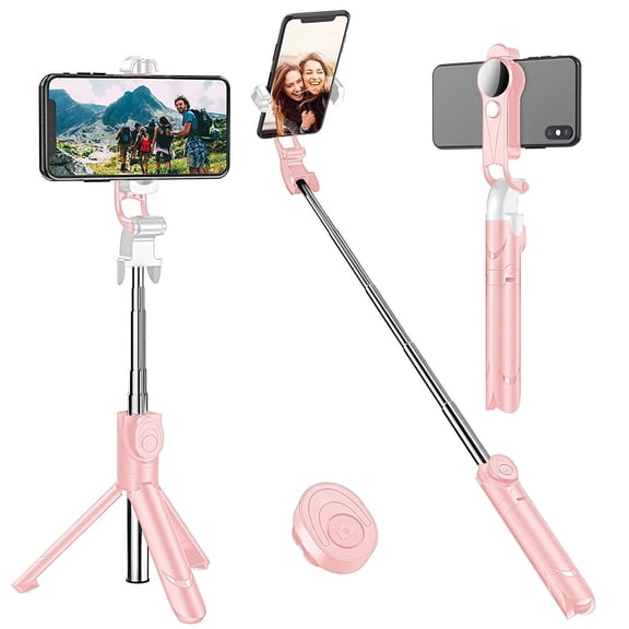 Rirool 27 in Selfie Stick Tripod with Wireless Remote, Pink Portable Phone Tripod Stand for iPhone Samsung Android, 225 Degree Head 360 Rotating Holder for Travel Vlog Photos Live Video