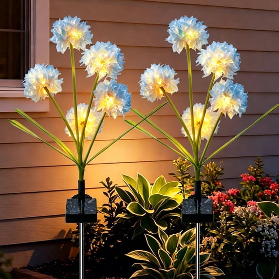 Rirool Solar Blue Hydrangea Flower Stake Lights, 3-Head Warm White LED Outdoor Waterproof Garden Pathway Lights for Yard Lawn Patio, Elegant Dusk-to-Dawn Landscape Decor, 2 Pack