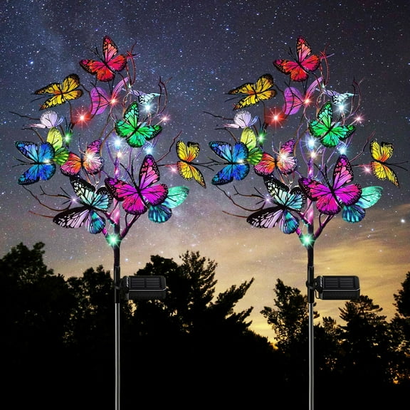 Rirool Solar Butterfly Lights Outdoor - 2 Pack DIY Waterproof Garden String Lights, Solar Powered, Color Changing for Patio, Lawn, Pathway Dcor