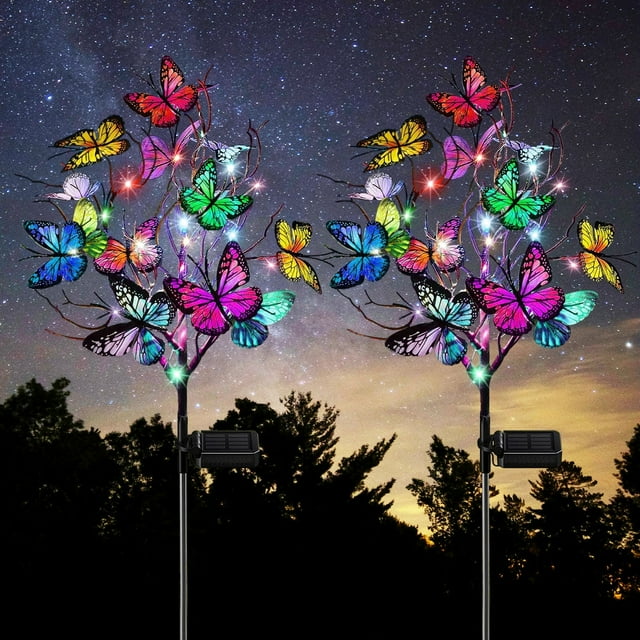 Rirool Solar Butterfly Lights Outdoor - 2 Pack DIY Waterproof Garden String Lights, Solar Powered, Color Changing for Patio, Lawn, Pathway Décor