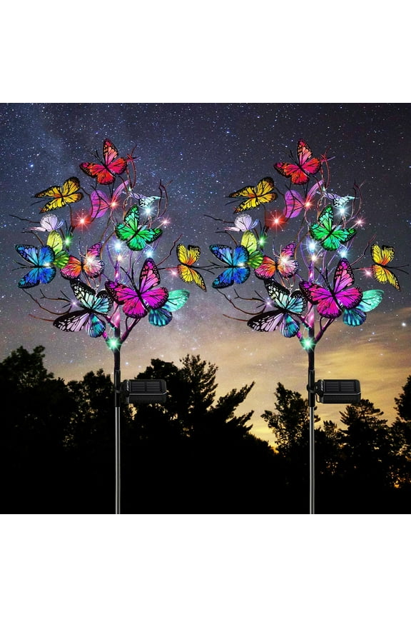 Solar Butterfly Lights Outdoor - 2 Pack DIY Waterproof Garden String Lights, Solar Powered, Color Changing for Patio, Lawn, Pathway Dcor
