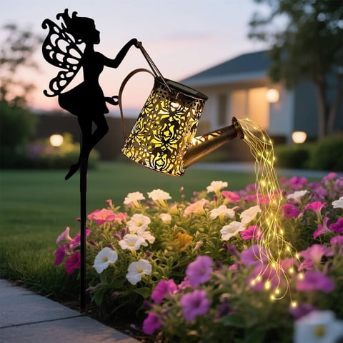 Rirool Solar Fairy Garden Decor with Watering Can Light, LED Hanging Lantern with Shepherd Hook, Waterproof Retro Metal Yard Light for Outdoor Garden Patio Pathway Decoration