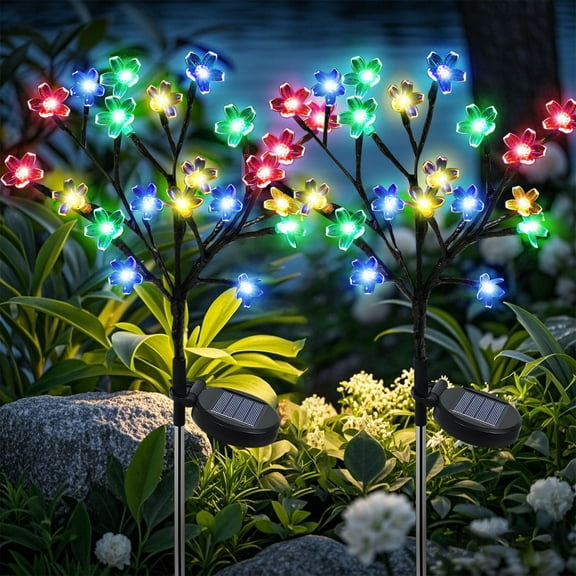 Rirool Solar Flower Lights, 20 Cherry Blossom LED Solar Garden Lights, 2-Pack Waterproof Multi-Color Outdoor Lights for Pathway, Yard, Patio, and Christmas Decoration