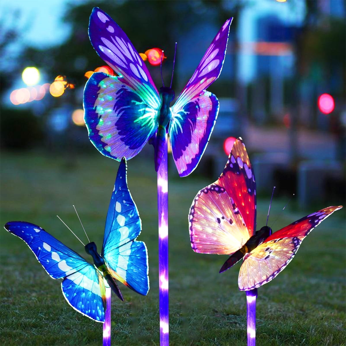 Rirool Solar Garden Lights, Fiber Optic Butterfly Color-Changing LED Decor, Waterproof Outdoor Yard Art (3 Pack)