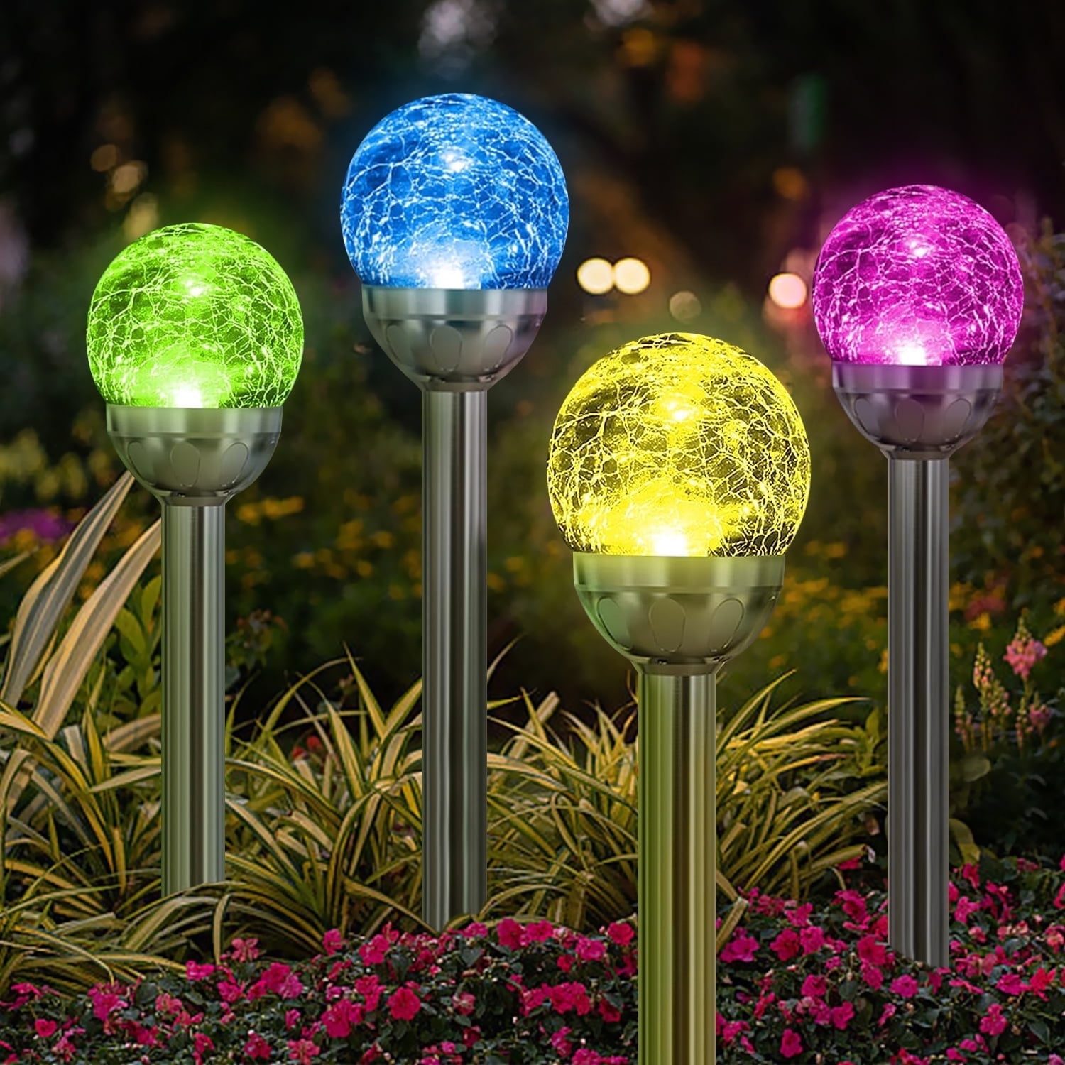 Rirool Solar Globe Lights Outdoor, Cracked Glass Ball Dual LED Garden Lights, Color-Changing Landscape Decoration (4 Pack)