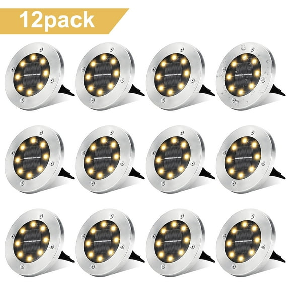 Rirool 12-Pack Solar Ground Lights, Waterproof Outdoor Garden LED Pathway Lights, Energy-Saving In-Ground Landscape Lighting for Yard, Lawn, Patio, Walkway - Warm White