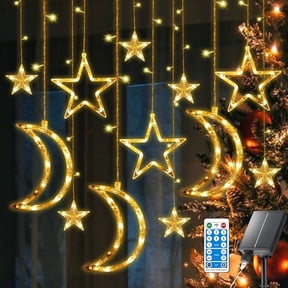 Rirool 138LED Solar String Lights with Remote, USB Rechargeable & Solar Powered, 8 Modes Waterproof Fairy Lights for Patio, Garden, Wedding (Star & Moon Design)