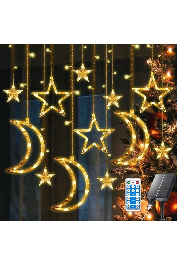 138LED Solar String Lights with Remote, USB Rechargeable & Solar Powered, 8 Modes Waterproof Fairy Lights for Patio, Garden, Wedding (Star & Moon Design)