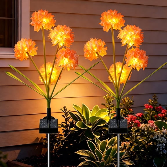 Rirool Solar Orange Hydrangea Garden Stake Lights, 3-Head Warm White LED Outdoor Waterproof Flower Pathway Lights for Yard Lawn Patio, Dusk-to-Dawn Decorative Landscape Lights, 2 Pack