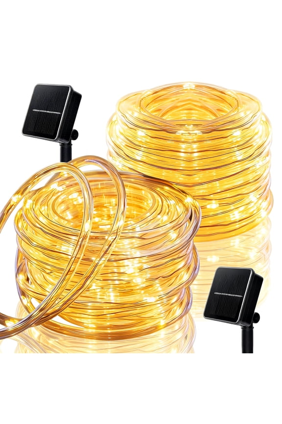 Solar Rope Lights Outdoor Waterproof 2 Pack, 33ft 100 LED Warm White String Lights with 8 Modes, Flexible Clear Tube Fairy Lights Auto On/Off for Garden Patio Fence