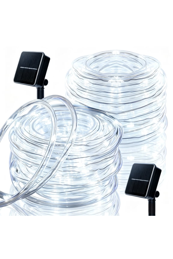 Solar Rope Lights Outdoor Waterproof 2 Pack, 33ft 100 LED White String Lights with 8 Modes, Flexible Clear Tube Fairy Lights Auto On/Off for Garden Patio Fence