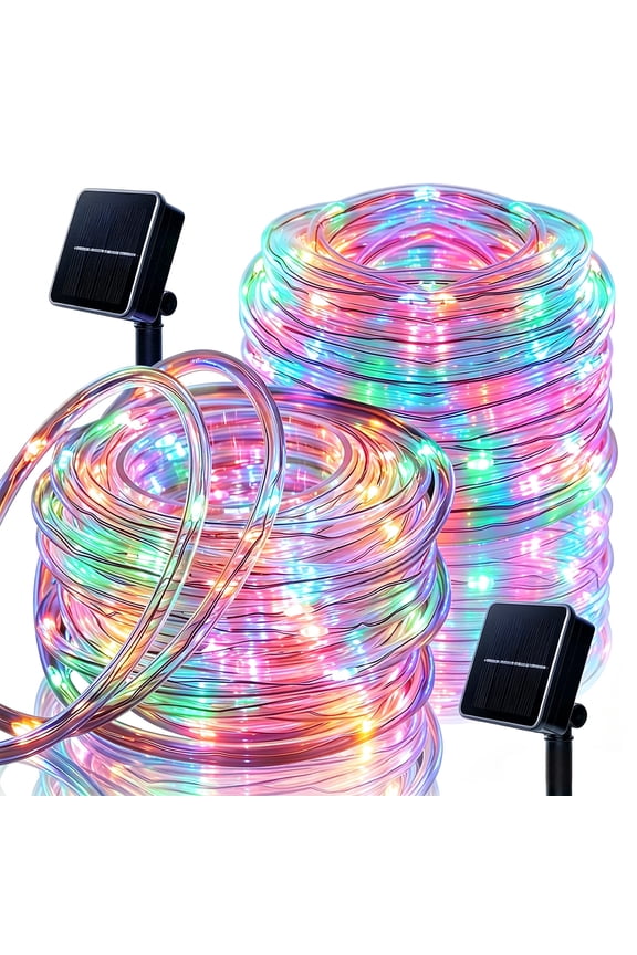 Solar Rope Lights Outdoor Waterproof 2 Pack, 66ft 200 LED Multicolor String Lights with 8 Modes, Flexible Clear Tube Fairy Lights Auto On/Off for Garden Patio Fence