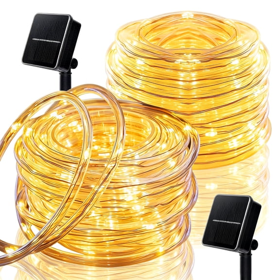 Rirool Solar Rope Lights Outdoor Waterproof 2 Pack, 66ft 200 LED Warm White String Lights with 8 Modes, Flexible Clear Tube Fairy Lights Auto On/Off for Garden Patio Fence