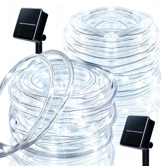 Rirool Solar Rope Lights Outdoor Waterproof 2 Pack, 66ft 200 LED White String Lights with 8 Modes, Flexible Clear Tube Fairy Lights Auto On/Off for Garden Patio Fence