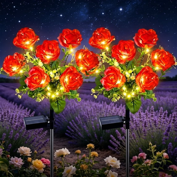 Rirool Solar Rose Garden Stake Lights, 7 Heads Red Flower Solar Lights Outdoor Waterproof, 8 Modes Decorative Lights for Yard Lawn Patio Pathway, 2 Pack
