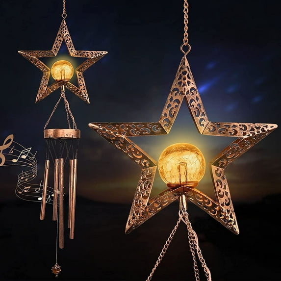 Rirool Solar Wind Chimes Outdoor Decor with LED Crackle Glass Ball, Waterproof Metal Tubes, Memorial Gift, Warm Light for Yard, Garden, Patio, Star