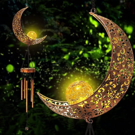Rirool Solar Wind Chimes Retro Brass Moon Design with LED Crackle Glass Globe, 5 Metal Tubes, Warm Light, Outdoor Garden Decoration, Memorial Gift for Yard, Patio