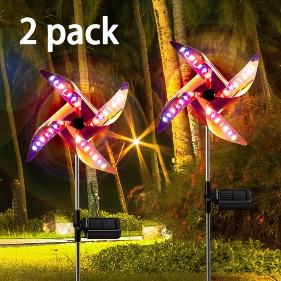 Rirool Solar Wind Spinner Garden Stake Set, Color Changing LED Outdoor Lights, Waterproof Solar Powered Lawn and Pathway Decoration for Garden, Yard, Porch, and Holiday Display (2 Pack)