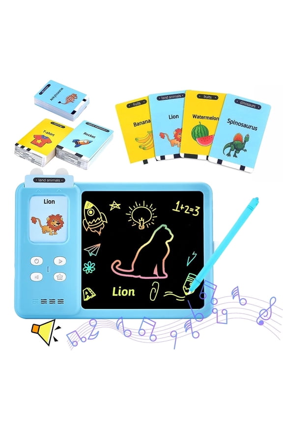 4-in-1 Talking Flash Cards & LCD Writing Tablet for Kids 3-6, Educational Drawing Pad with 224 Words, Toddler Learning Toy, Blue