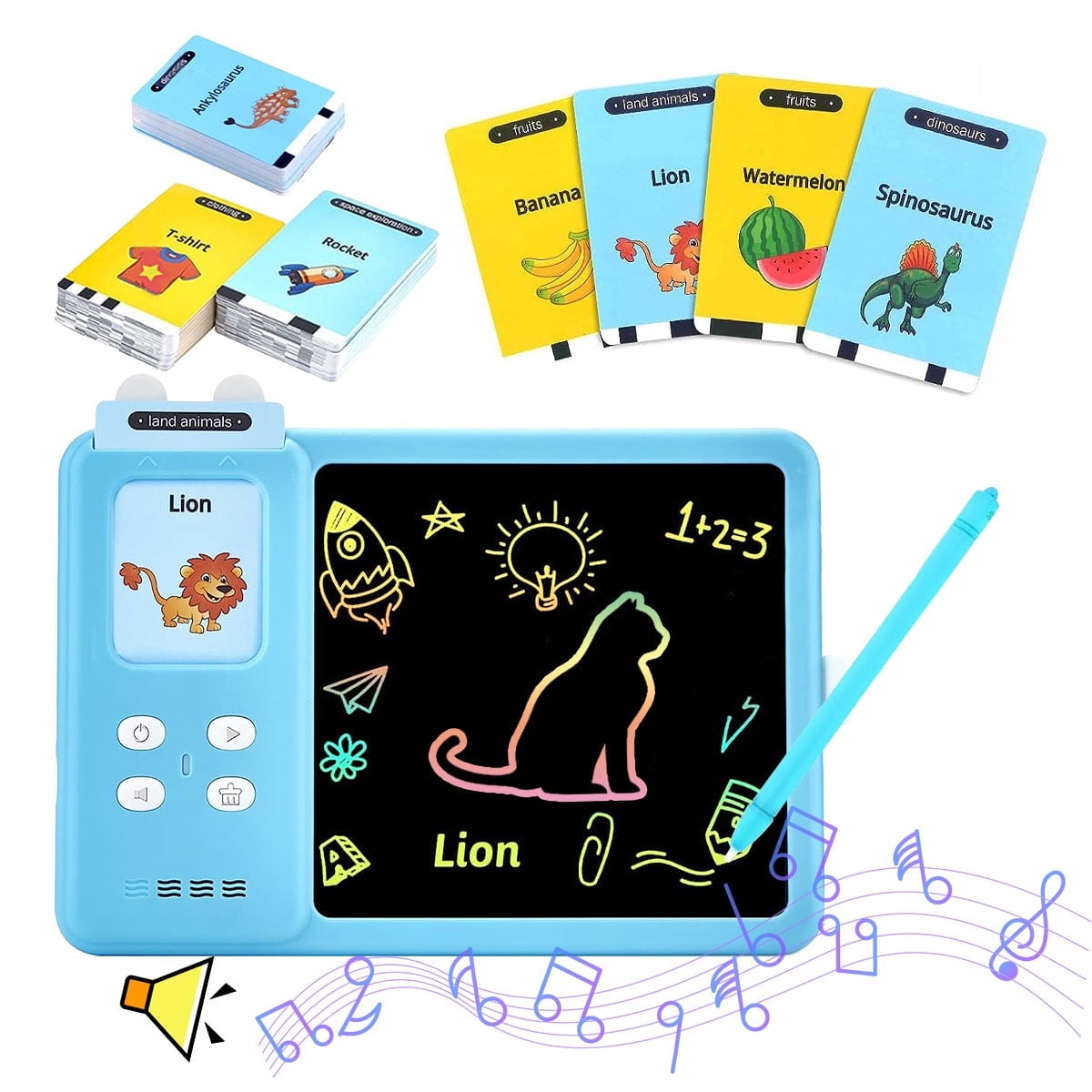 Rirool 4-in-1 Talking Flash Cards & LCD Writing Tablet for Kids 3-6, Educational Drawing Pad with 224 Words, Toddler Learning Toy, Blue