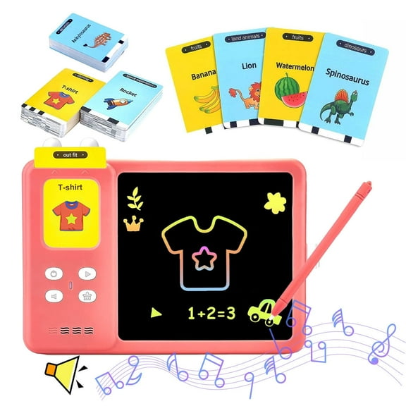 Rirool LCD Writing Tablet for Kids 3-6 Years - Toddler Doodle Board with 112 Flash Cards & 224 Words, Educational Drawing Pad, Christmas/Birthday Gift (Pink)