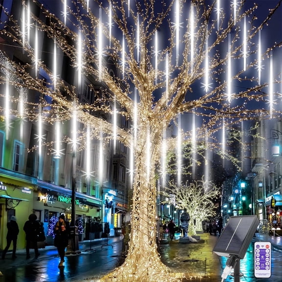 Rirool White Solar Meteor Shower Lights, 20 in 8 Tube 288 LED Raindrop Icicle Lights with Remote Timer, Waterproof Outdoor Snowfall Christmas Wedding Eave Tree Decor for Holiday Yard Patio