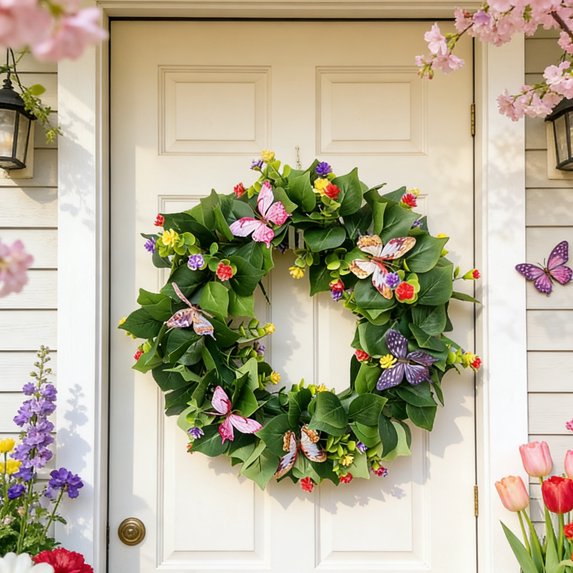 Rirozkan Artificial Butterfly Wreath, Green Leaf Spring Door Wreath, Hanging Floral Swag, Window Decoration, Outdoor Wall Art, Seasonal Home Welcome Sign for Front Porch
