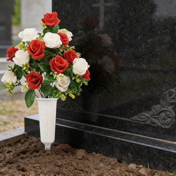 Rirozkan Artificial Flowers, Bucket Memorial Grave Arrangement, Red Rose Silk Bouquet, Fake Floral Spray for Headstone, All Saints Day, Holiday Decor