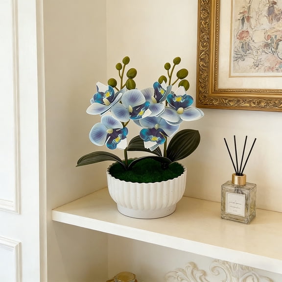 Rirozkan Artificial Orchid, Fake Phalaenopsis Plants, Realistic Potted Flower, Silk Plants in Pot, Faux Greenery for Home Decor