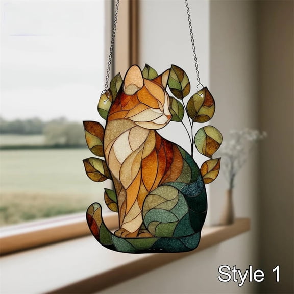 Rirozkan Cat Window Decal, Flat Acrylic Three Face Cat Sign, Colorful Hanging Ornament and Suncatcher, Home Window Decor with Assorted String Colors