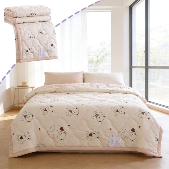 Rirozkan Cooling Quilt, Washed Cotton Summer Blanket Thin Lightweight Machine Washable 60x79 Inch Heart Bear Pattern for Hot Sleepers Bedroom