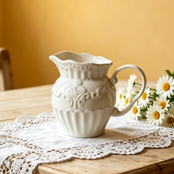 Rirozkan Creamer Pitcher, Embossed Ceramic Large Capacity Milk Jug for Coffee, Tea, Table Serving, Flower Vase, Home Decor