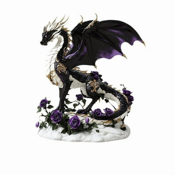 Rirozkan Dragon Statue, Black Gold Bohemian Rose 2D Acrylic Art, Mythical Creature Decorative Showpiece for Home Office Decor, White