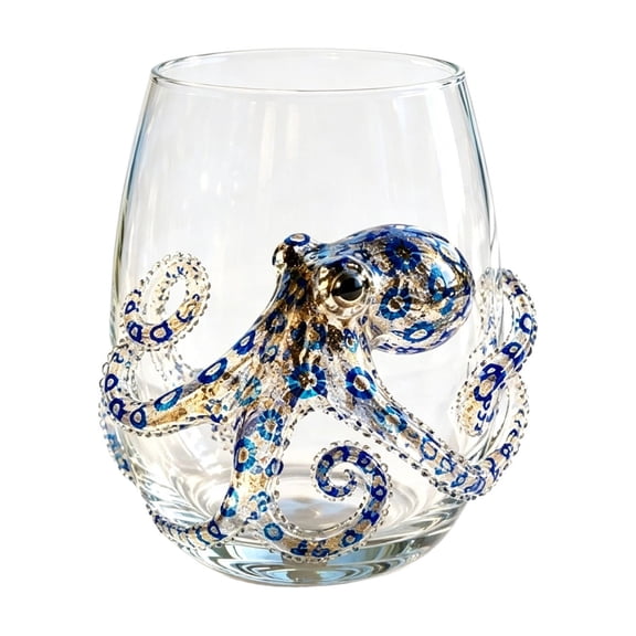 Rirozkan Drinking Glass, Blue Ringed Octopus Embossed Clear Tumblers Heavy Base Beverage Cup for Water Juice Cocktail Bar Pub Home