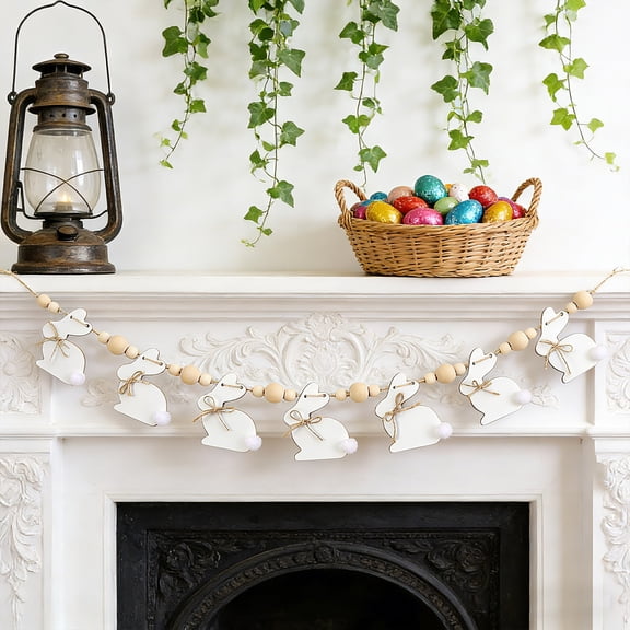 Rirozkan Easter Banner, Wooden Beaded Bunny Rope Garland, Hanging Bead String Sign for Wall, Mantel and Spring Party Decorations
