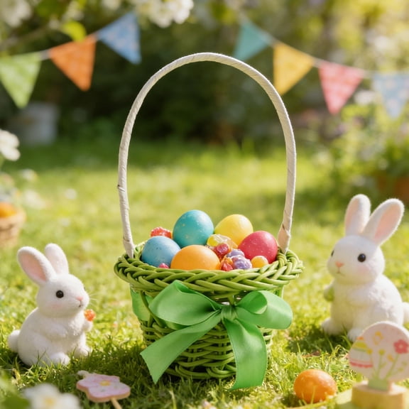 Rirozkan Easter Basket, Mini Woven Handled Basket for Decor, Circular Reed Storage Baskets, Small Tabletop Plants Holder, Spring Party Favor Baskets, Cute Container for Gifts