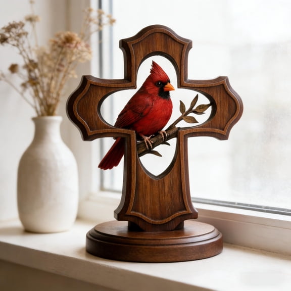 Rirozkan Easter Bird Ornament, Hand Painted Ceramic Cardinal Figurine, Red Bird Cross Decoration, Spring Home Decor, for Tabletop Display
