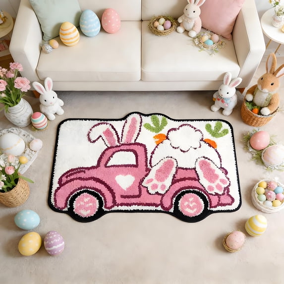 Rirozkan Easter Bunny Rug, 16x24 Inch Shaped Floor Mat, Soft Faux Wool Accent Carpet for Hallway, Porch, or Bedroom Decor