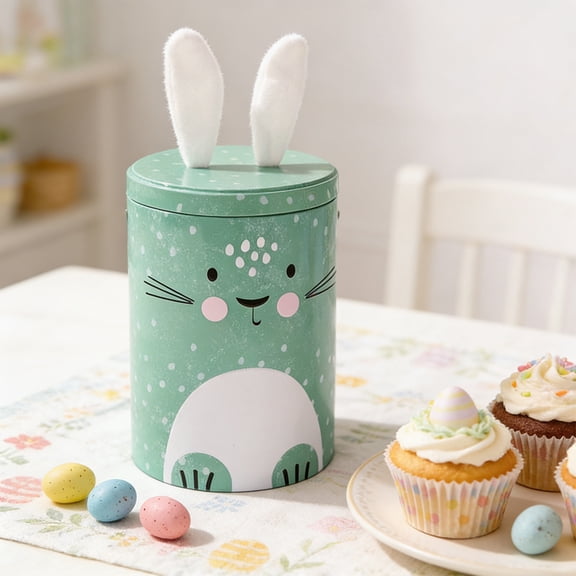 Rirozkan Easter Bunny Tin Box, Decorative Candy Jar Storage, Metal Bucket Gift Container, Vintage Rabbit Candy Holder for Home Kitchen