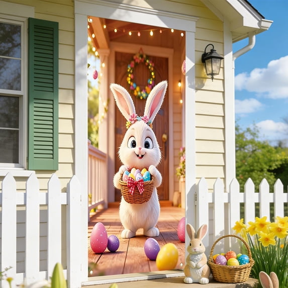 Rirozkan Easter Door Decoration, Large 35x72 Inch Door Panel, Seasonal Bunny and Egg Print for Home Entrance Decor