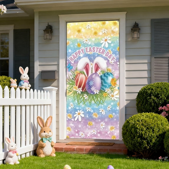 Rirozkan Easter Door Hanger, Spring Door Curtain with Bunny Decor, 80 Inch Wide Holiday Door Cover for Indoor Party Decor, Easter Front Door Decorations