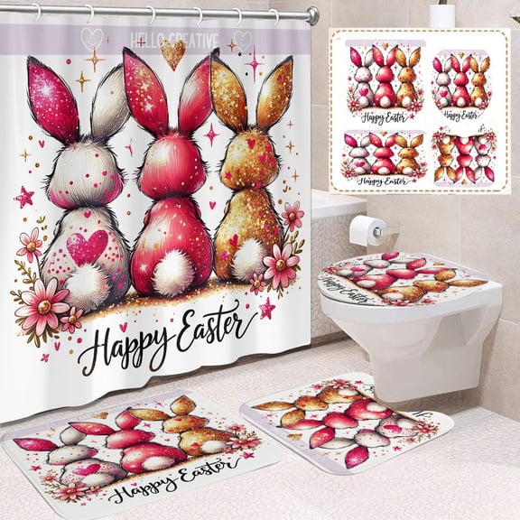 Rirozkan Easter Shower Curtain, Bunny Theme Waterproof Polyester Bathroom Set, 4 Piece Includes Mat and Lid Cover for Bathroom Decor