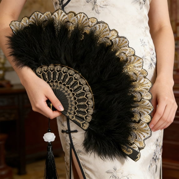 Rirozkan Folding Fan, Vintage Feather Hand Fan, Puffy Dance Performance Prop for Wedding, Garden Party, Events, Gifts