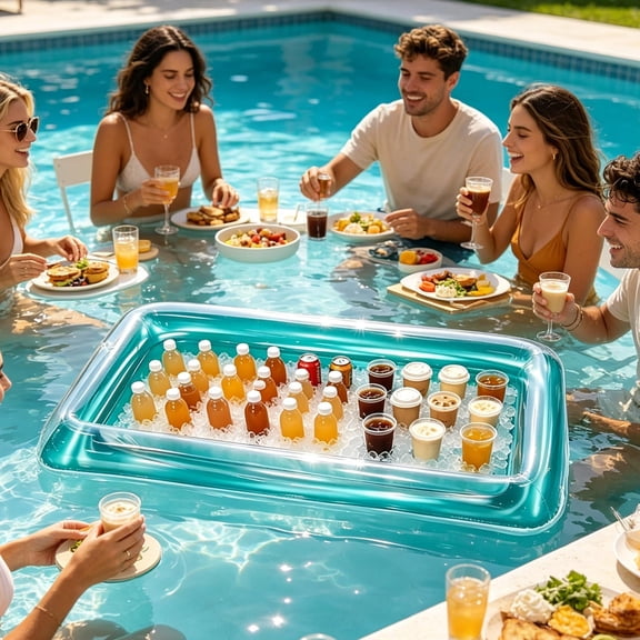 Rirozkan Inflatable Pool Bar Tray, Floating Fruit and Drink Organizer, Sturdy PVC Beverage Caddy for Swimming Pool, Lake, Vacation, Outdoor Fun