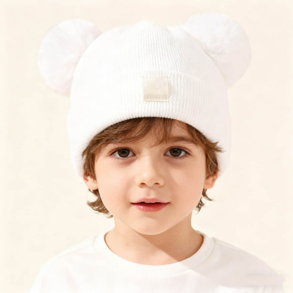 Rirozkan Kids Winter Beanie Hat Warm Ski Caps with Pompom Fleece Lined, Embroidery Knit Hat, Soft Yarn Pom Pom Beanie, Cozy Winter Headwear for Cold Weather Wear, White