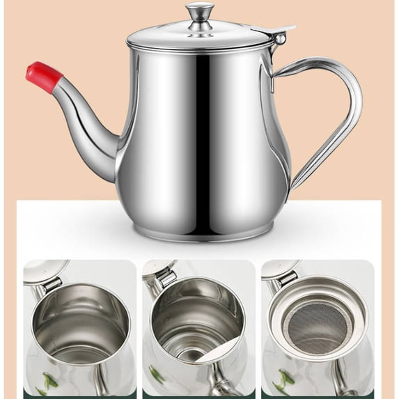 Rirozkan Oil Dispenser Bottle, Stainless Steel Oil Pot, 32oz, Kitchen Seasoning Container, Leak Proof No Drip Spout, with Fine Mesh Filter for Frying