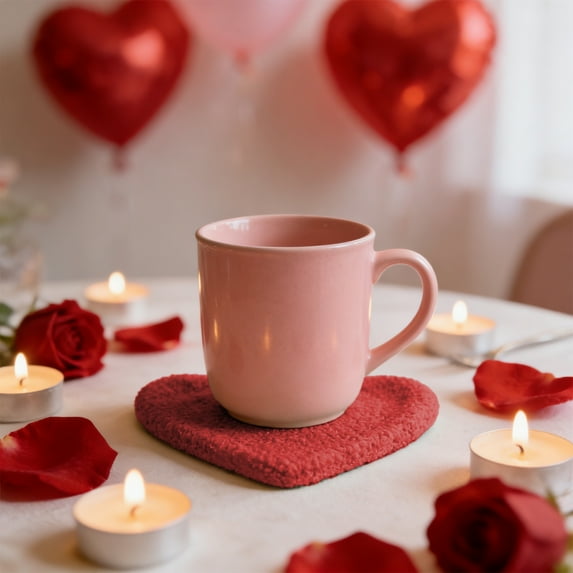 Rirozkan Plush Coaster Set, Heart Shaped Felt Placemats for Drinks, Heat Resistant Table Mat for Cups and Mugs, for Dining Table Desk Home Decor, Red